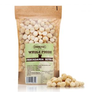 ChandraFoods Macadamia Nuts in eco-friendly packaging, showcasing premium, whole nuts ideal for snacking or cooking