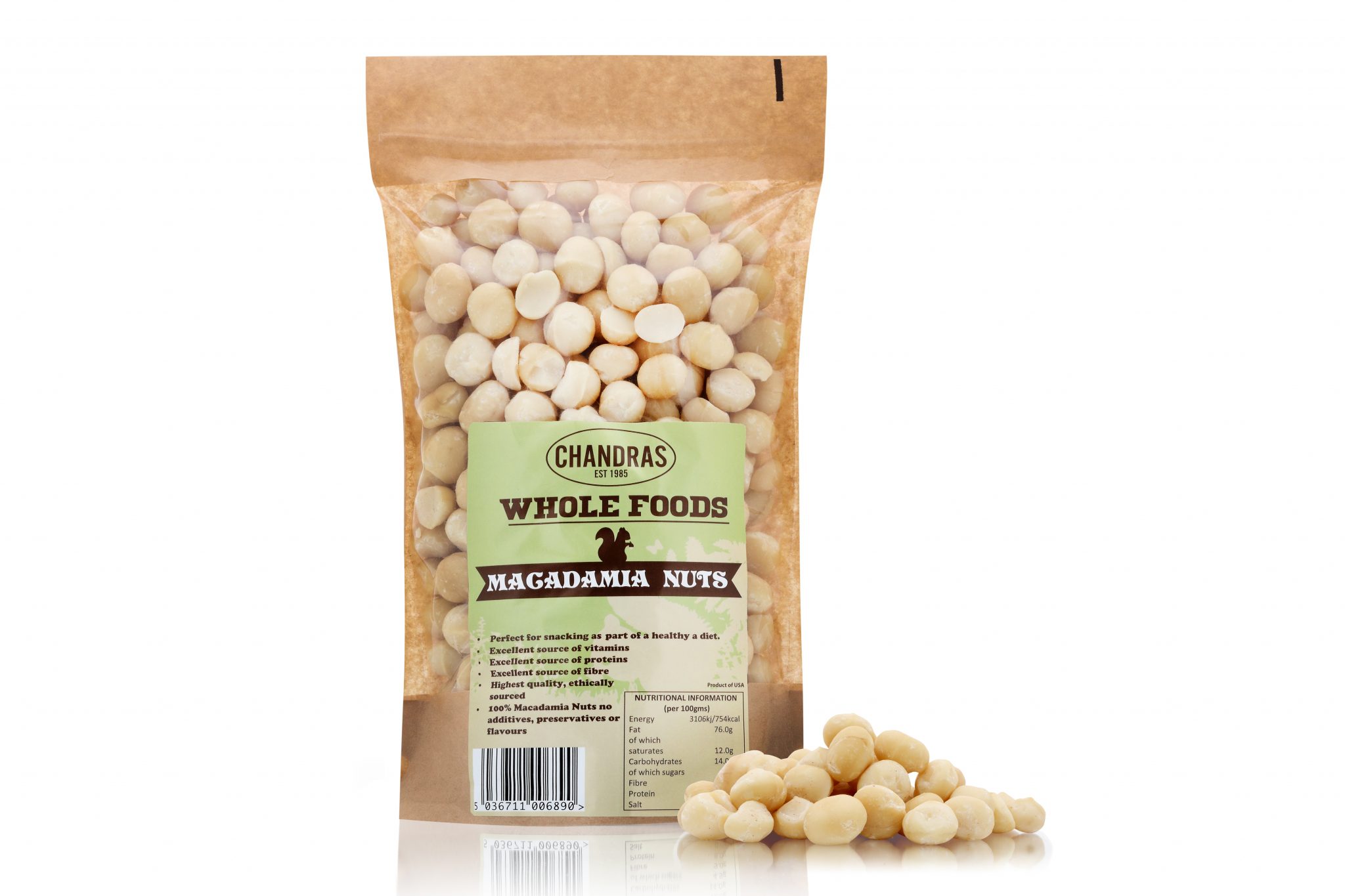 ChandraFoods Macadamia Nuts in eco-friendly packaging, showcasing premium, whole nuts ideal for snacking or cooking