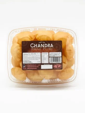A transparent container with Chandra Foods Logo containing 24 (Approx) Pani Puri Inside by Chandra Foods