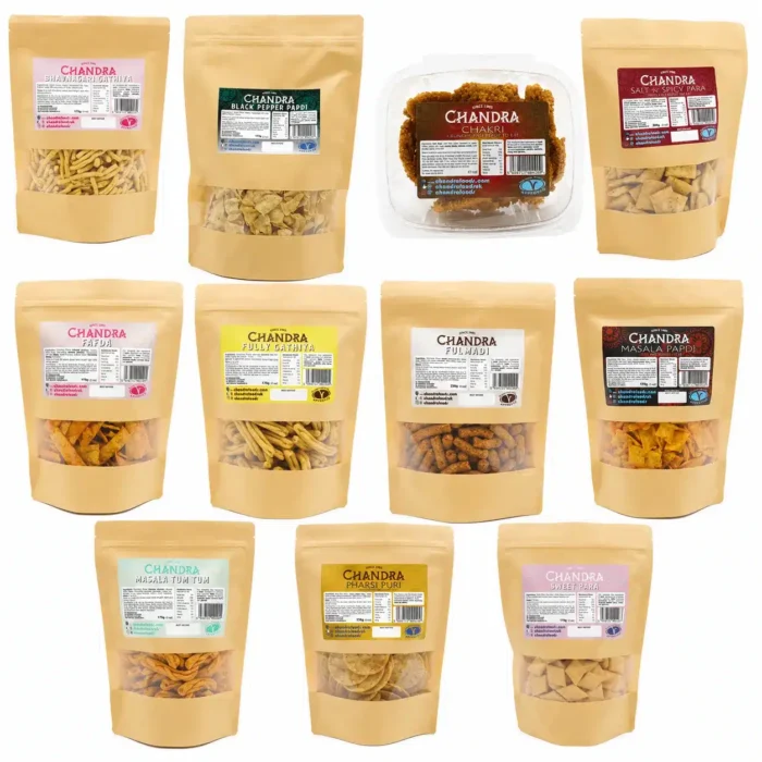 Enjoy Chandra Foods Premium Tea Time Combo with authentic Indian snacks including Gathiya, Fafda, Chakri, Papdi, Para and more. Perfect for tea breaks. Enjoy Chandra Foods Premium Tea Time Combo with authentic Indian snacks including Gathiya, Fafda, Chakri, Papdi, Para and more. Perfect for tea breaks.