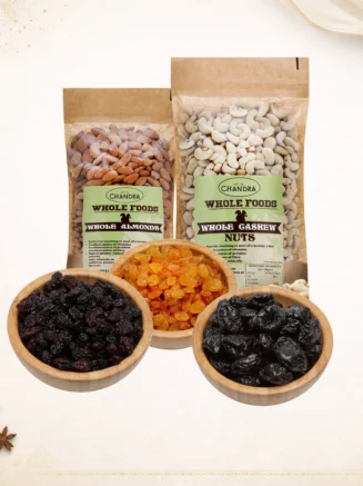 Premium Dry Fruit Box by Chandra Foods, with Almonds, Cashews, Raisins and Prunes.