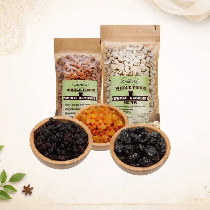 Premium Dry Fruit Box by Chandra Foods, with Almonds, Cashews, Raisins and Prunes.