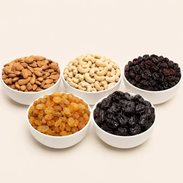 Premium Dry Fruit Box by Chandra Foods, with Almonds, Cashews, Raisins and Prunes.