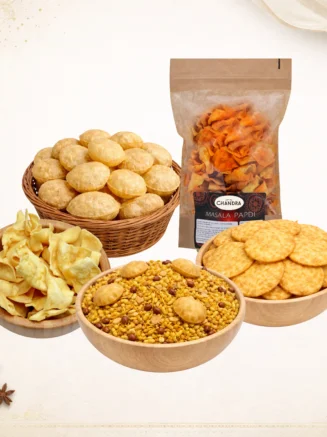 Ultimate Chaat Party Combo contains indian snacks like Bhel Puri Mix, Masala Papdi, Pani Puri (Shells), Besan Papdi & Chaat Papdi.