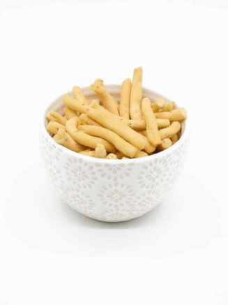 Bhavnagri Gathiya in white ceramic bowl by chandra foods